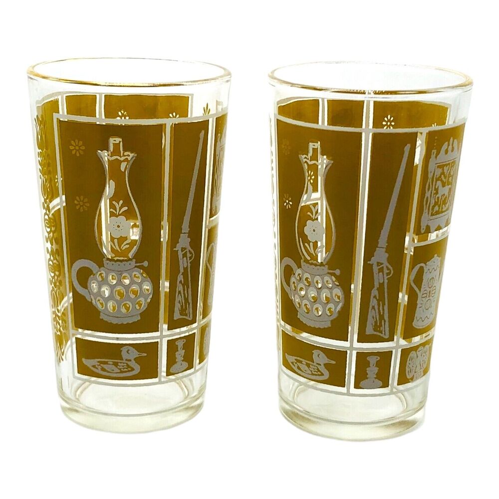 Pair VTG Libbey Tumbler Glass Mustard Gold Colonial Americana Old Time Country‎ - Picture 2 of 12